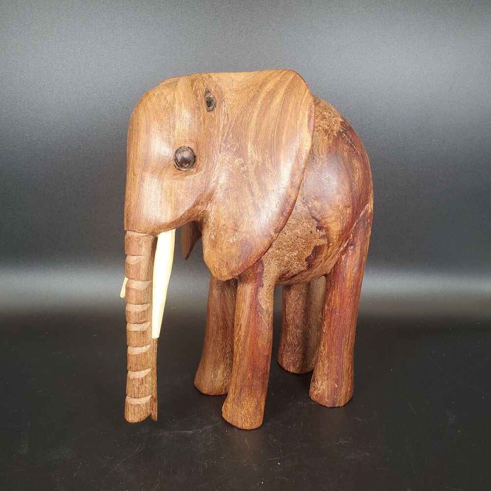 Vintage Hand Carved Wood Elephant Figurine Rustic Folk Art Decor Statue